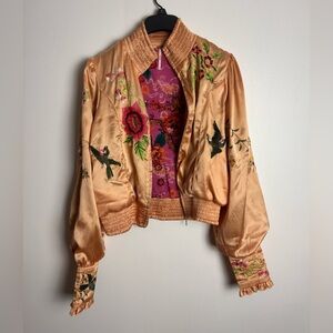 Free People Embroidered Satin Jacket - Peach